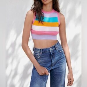 Zara stripe rainbow colored knit crop top size small